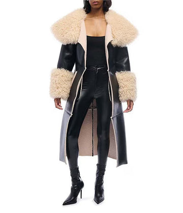 Fluffy faux leather trench coat