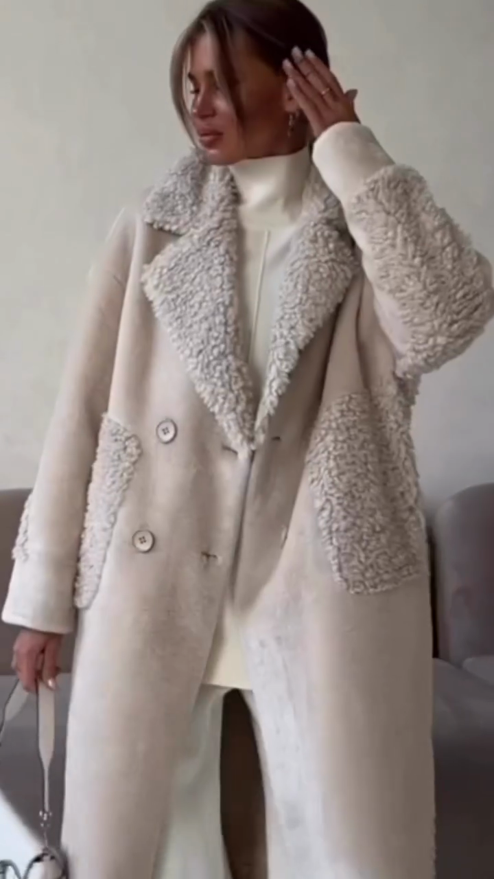 Cream Sherpa Trim Double-Breasted Coat