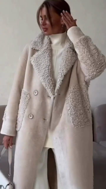 Cream Sherpa Trim Double-Breasted Coat
