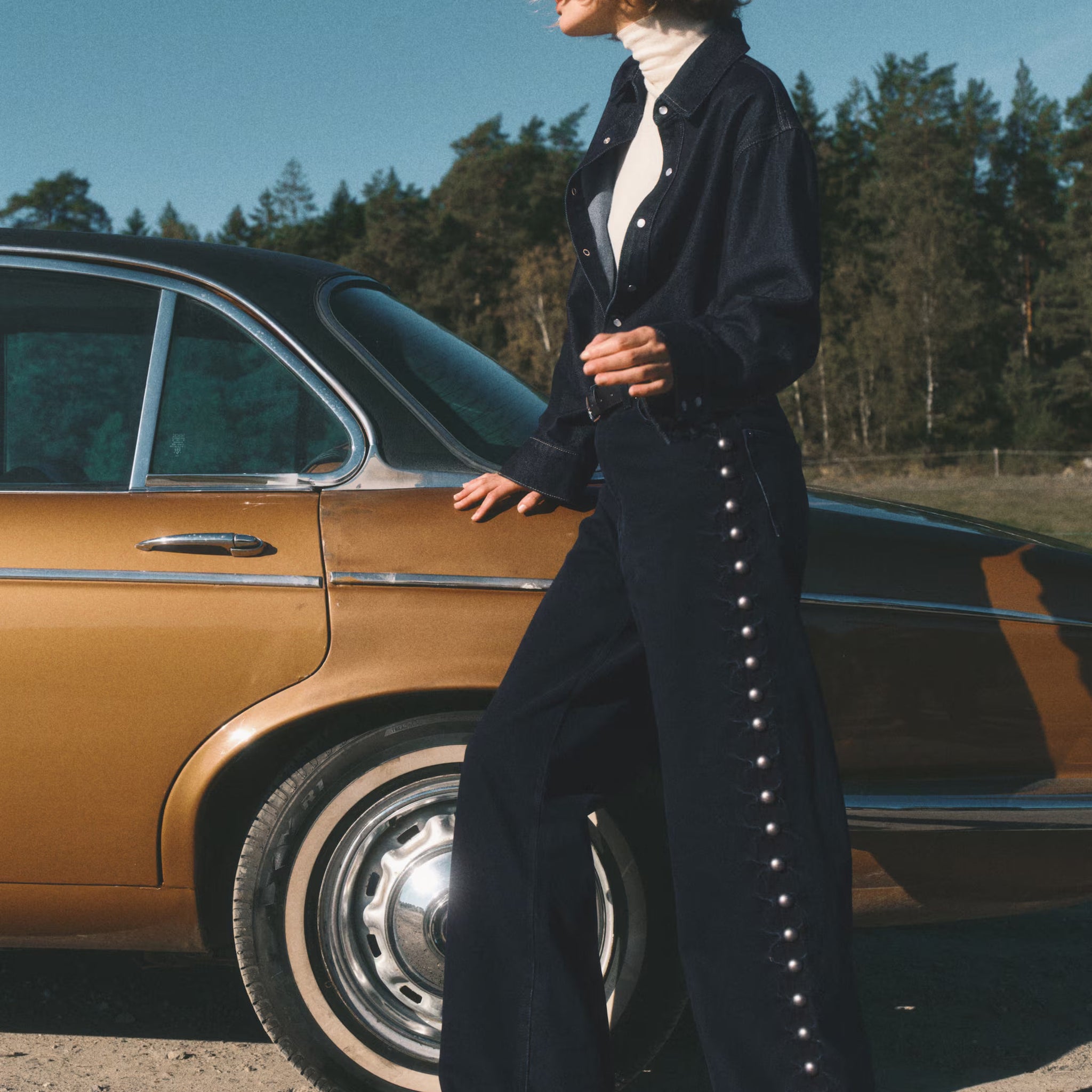 Dark blue studded wide-leg jeans