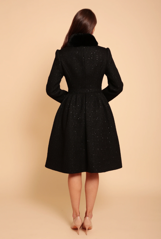 Tweed faux fur collar flared slim-fit jacket