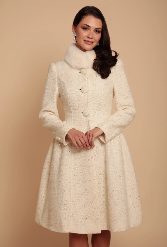 Tweed faux fur collar flared slim-fit jacket