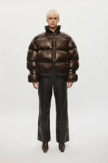 Chocolate-colored glossy down jacket