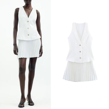 Sleeveless Metal Detail Pleated Mini Dress