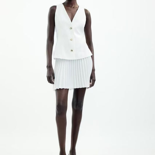 Sleeveless Metal Detail Pleated Mini Dress