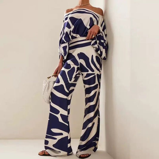 Printed casual loose top and wide-leg pants fashion two-piece set