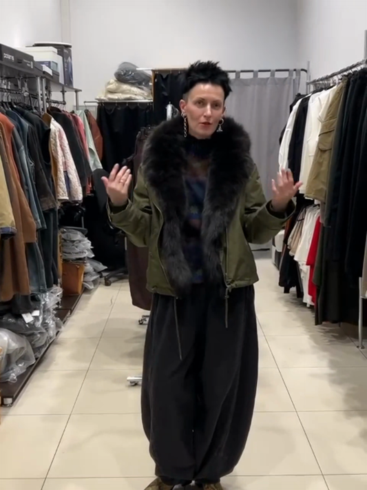 Black oversized faux fur collar practical coat