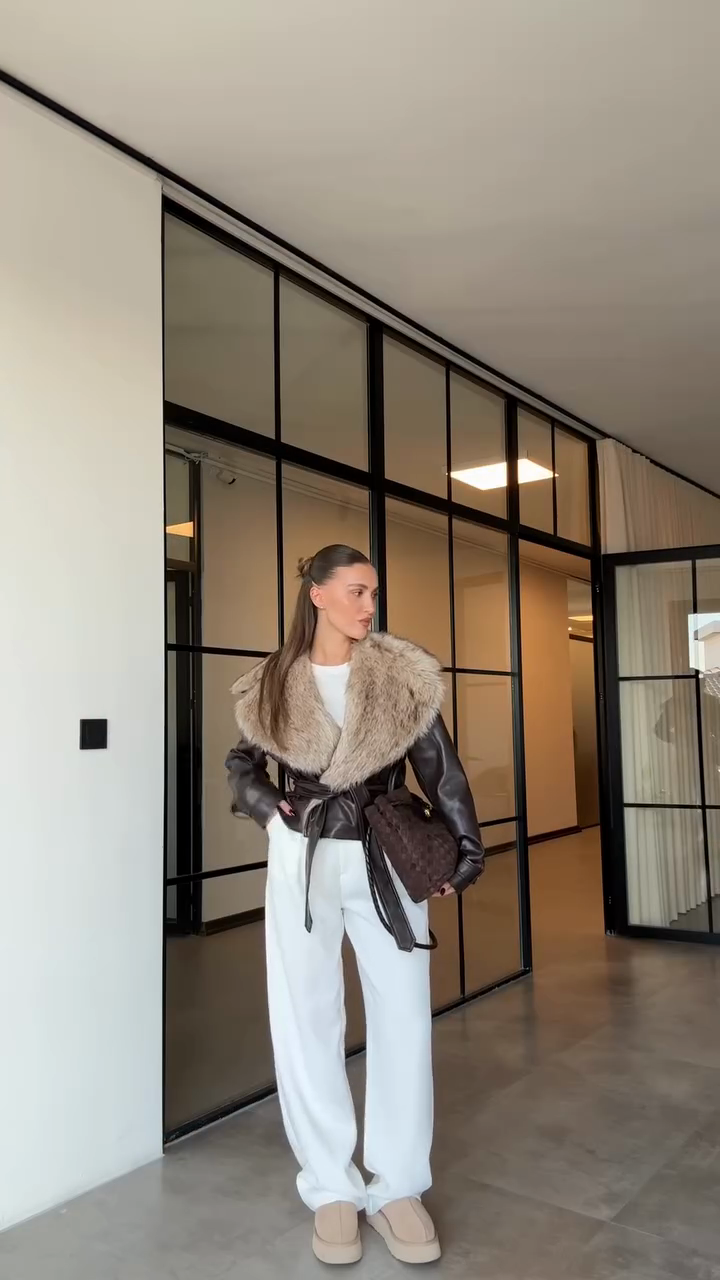 Fur Details Premium Leather Jacket