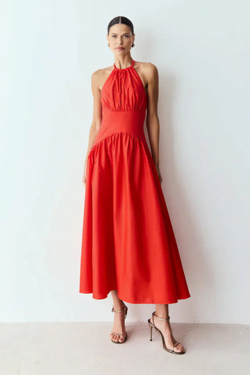 Bright red backless midi dress
