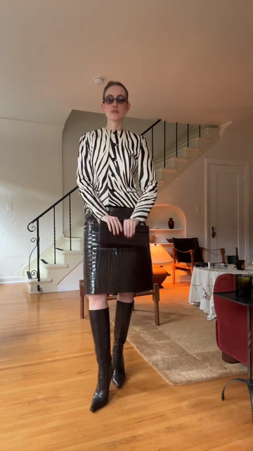 Black and white zebra print coat and crocodile print midi skirt suit