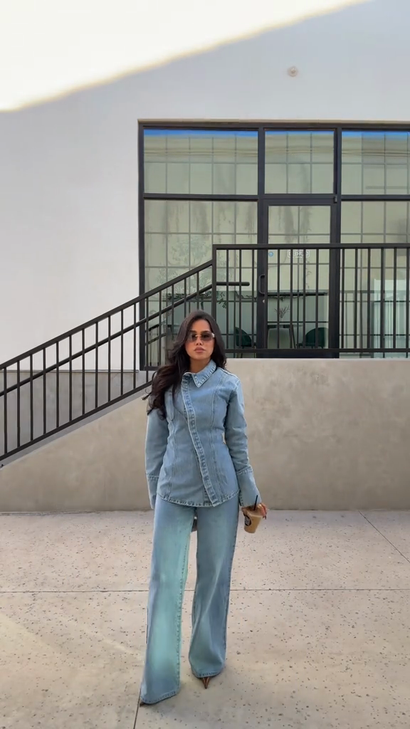 Asymmetrical denim suit