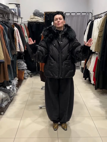 Black oversized faux fur collar practical coat