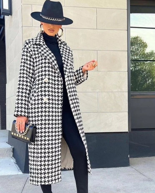 Black  White Houndstooth Longline Coat