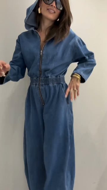 Pleated waist denim hooded jumpsuit