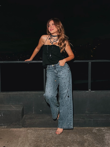 Light-colored washed wide-leg jeans.