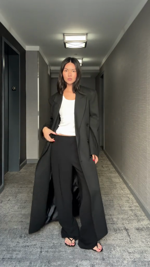 Black double-breasted maxi coat