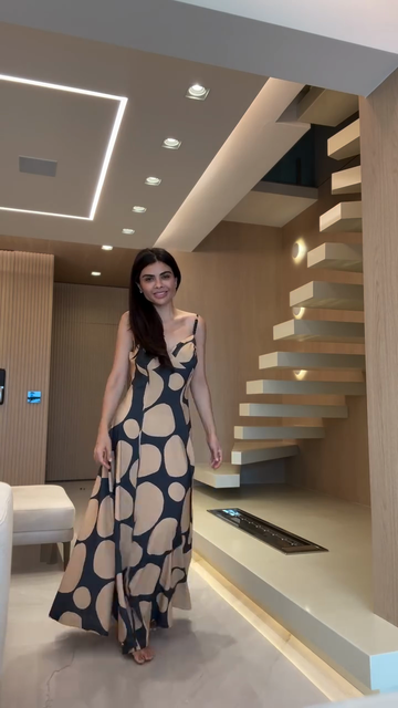 Beige and black abstract print slip dress