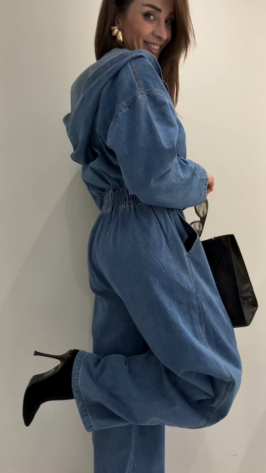 Pleated waist denim hooded jumpsuit