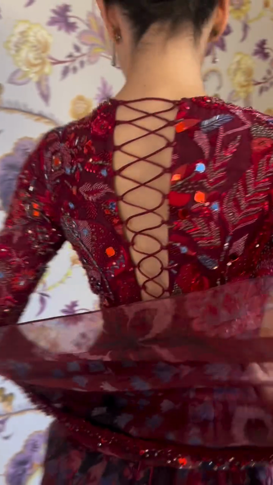 Burgundy embellished keyhole neckline maxi dress