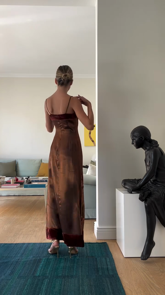 Brown velvet paneled maxi dress