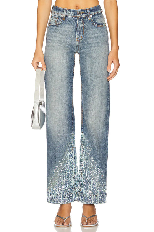 Sequin Hem Details Wide-Leg Jeans