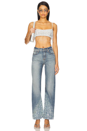 Sequin Hem Details Wide-Leg Jeans