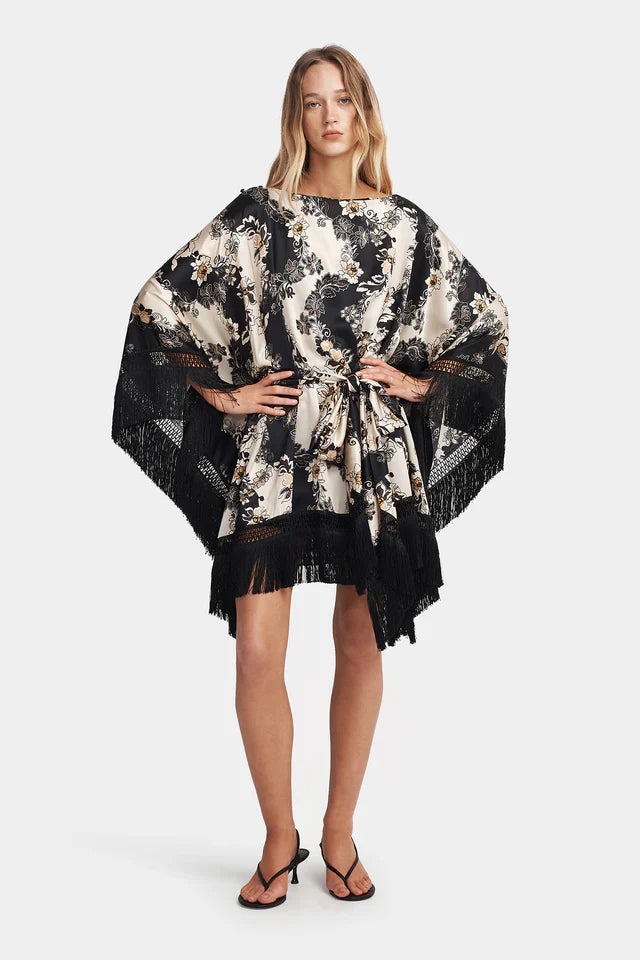 Fringe Detailing Floral Satin Dress