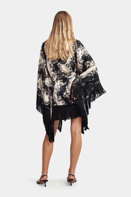 Fringe Detailing Floral Satin Dress