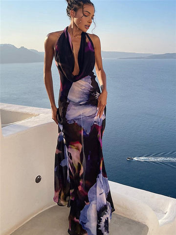 Semi-Sheer Print Backless Halter Dress