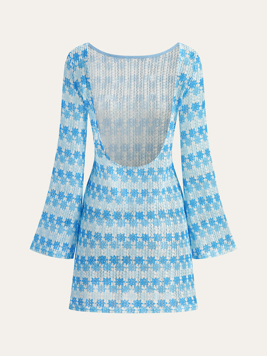 Semi-Sheer Backless Crochet Dress with Flared Sleeves