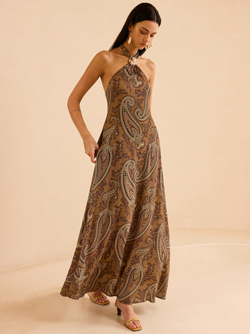 Paisley Print Halter Backless Maxi Dress