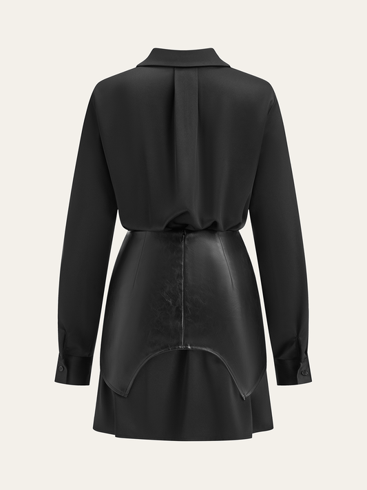 Satin Shirt Dress with Faux Leather Overlay