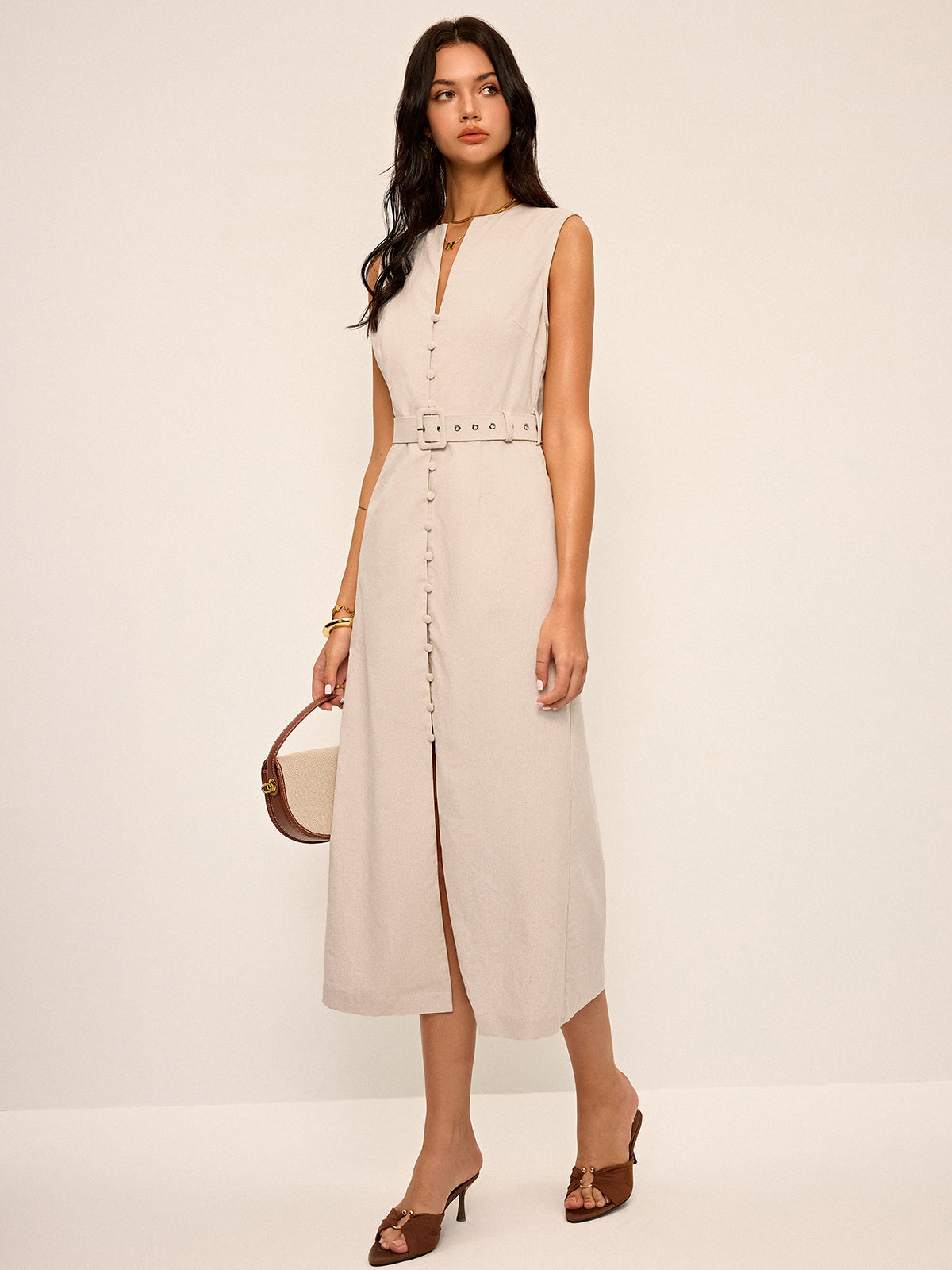 Cotton & Linen Blend V-Neck Belted Midi Dress