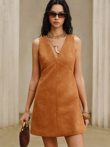 Suede V-Neck Sleeveless Mini Dress