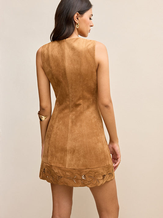 Suede Floral Embroidered Sleeveless Mini Dress