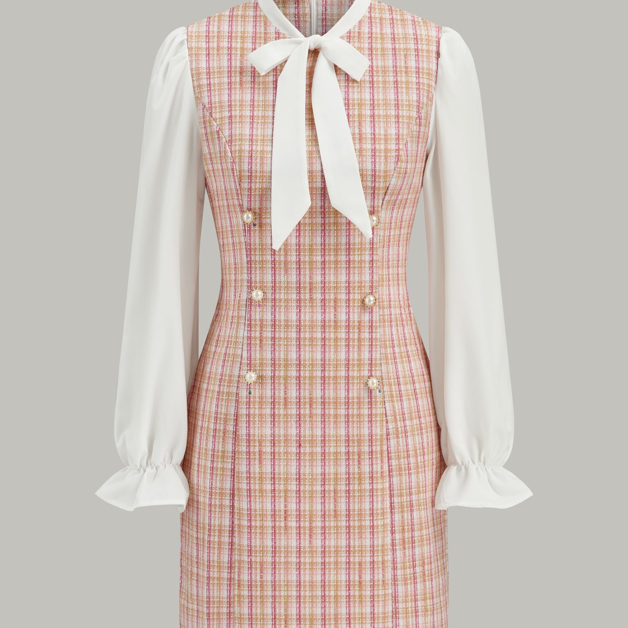 Bow Neckline Tweed Paneled Mini Dress