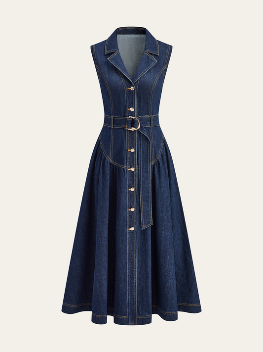 Metal Detail Denim Button-Front Belted Dress