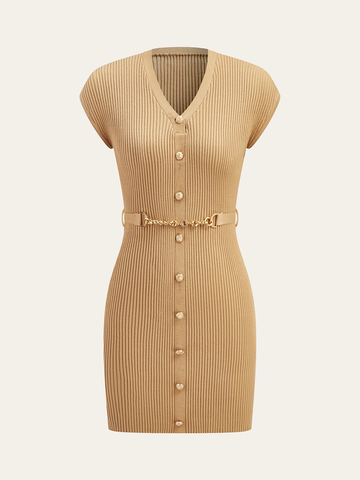 Knit Dress with Buttons and Matching Belt