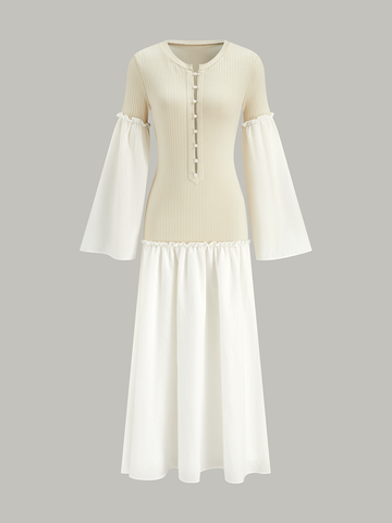 Bell Sleeve Contrast Panel Ribbed Maxi Dress