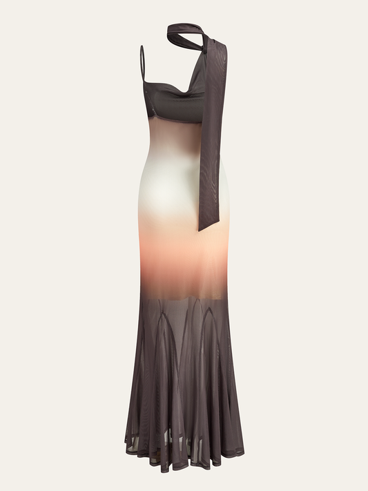 Halter Neck Ombre Mesh Maxi Dress
