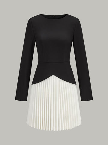 Long Sleeve Color-Block Pleated Dress