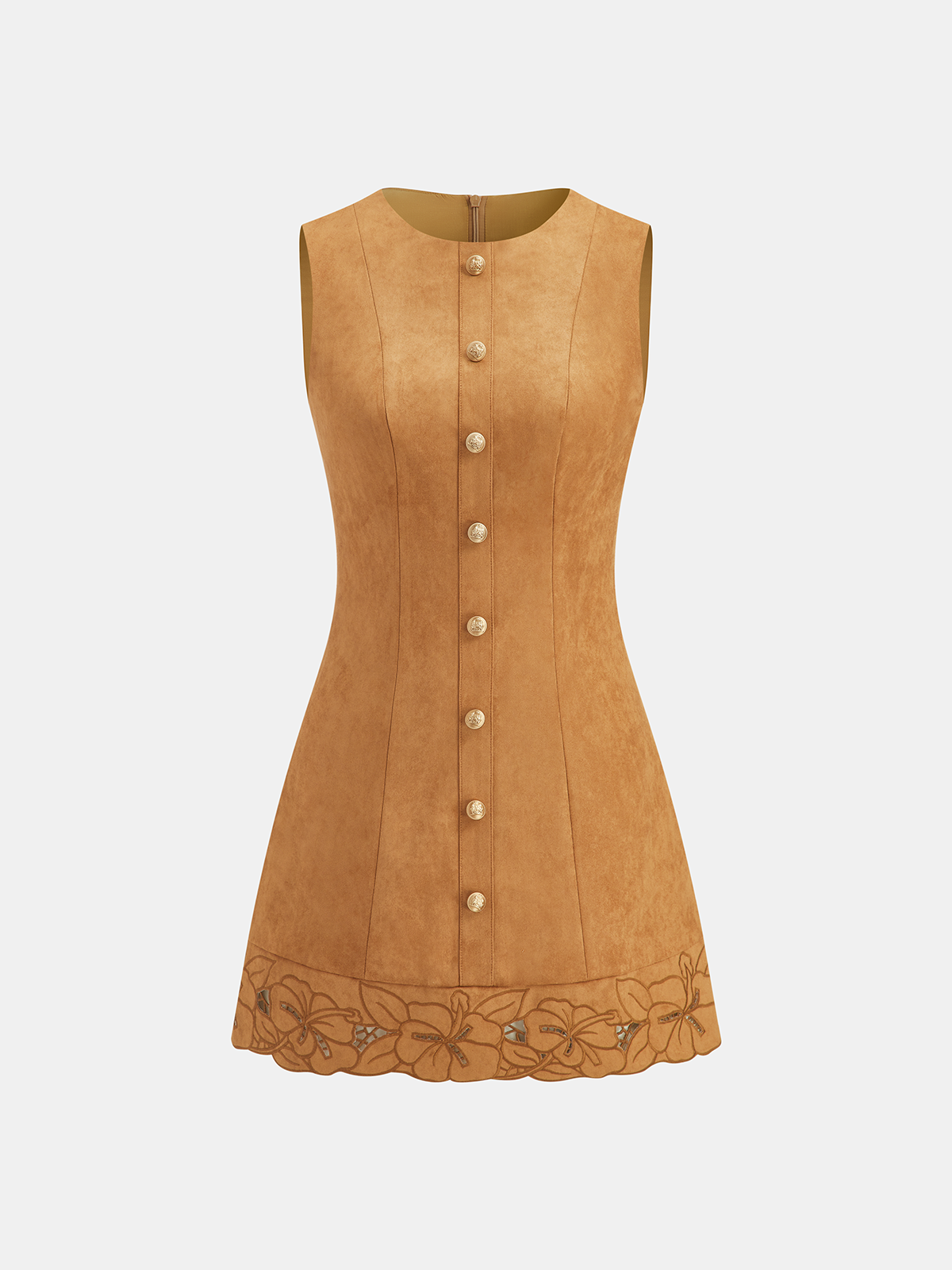 Suede Floral Embroidered Sleeveless Mini Dress