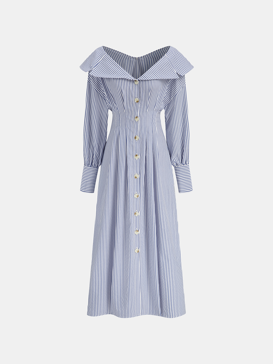 Off-Shoulder Striped Button Front Collared Dress