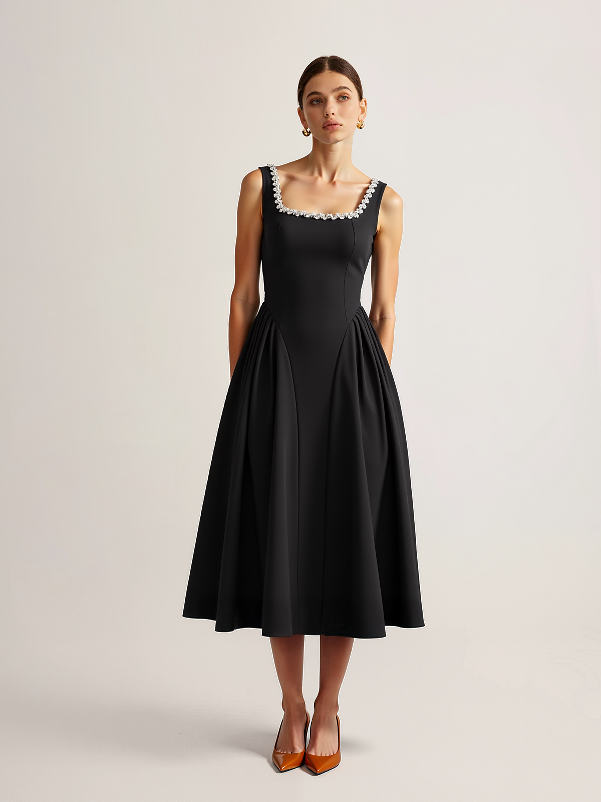 Sleeveless Square Neck Diamond Trim Flare Dress