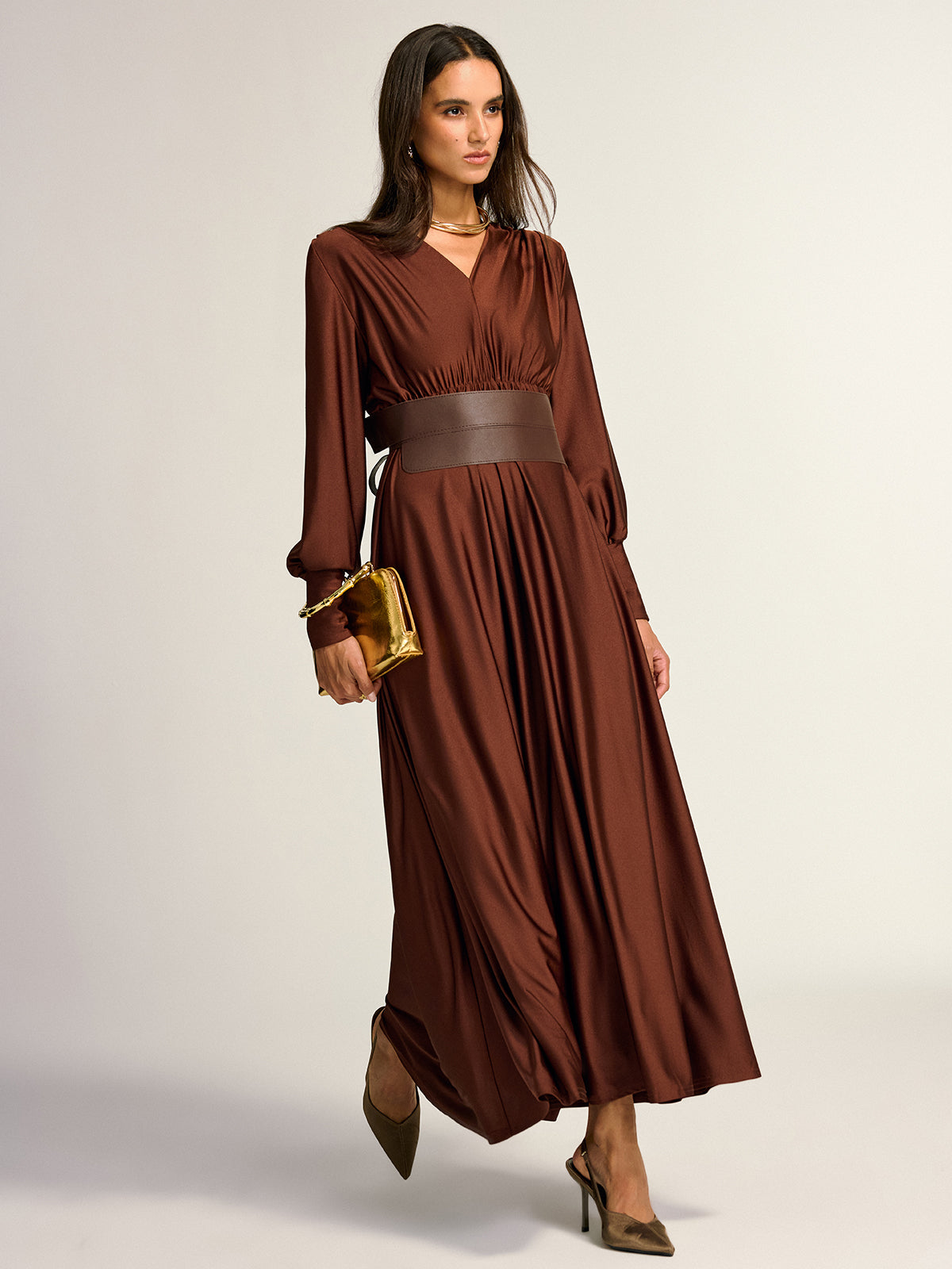 Wide Belted Long Sleeve V-Neck Maxi Dress