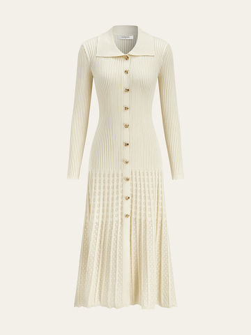 Metal Button Ribbed Knit Shirt Dress