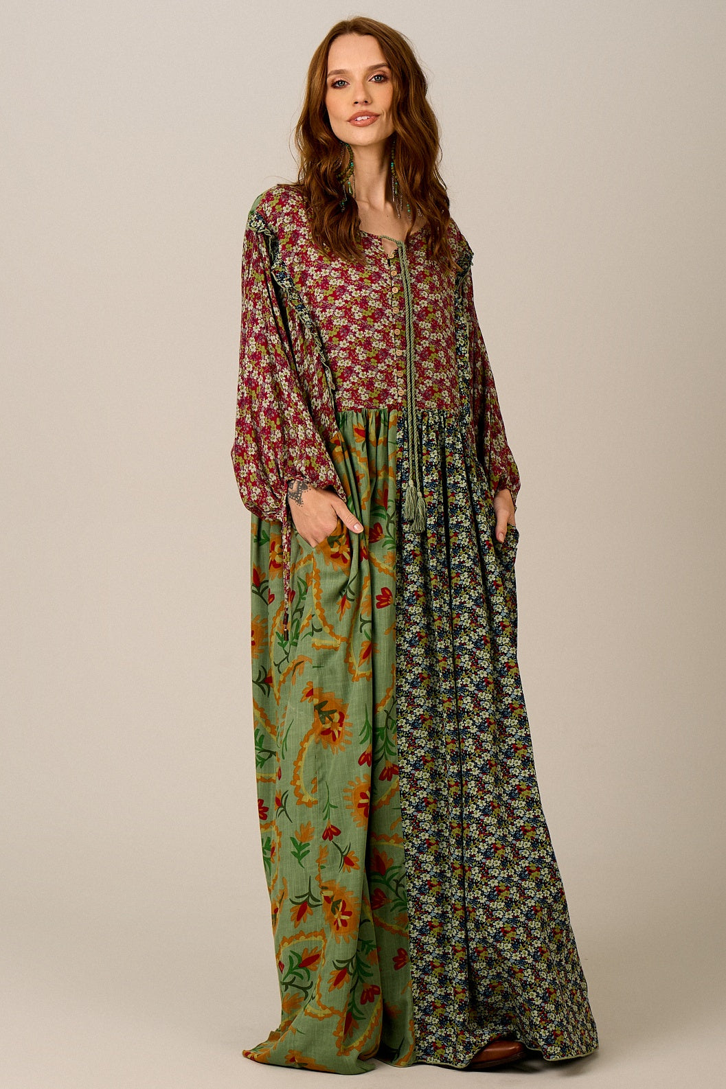 Long Wide Green Printed Patchwork Dress
