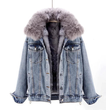 Light blue fur-lined hooded denim jacket