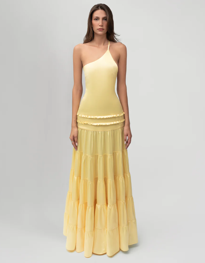 Yellow one-shoulder layered maxi dress