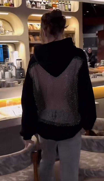 Rhinestone Mesh Panel Hoodie